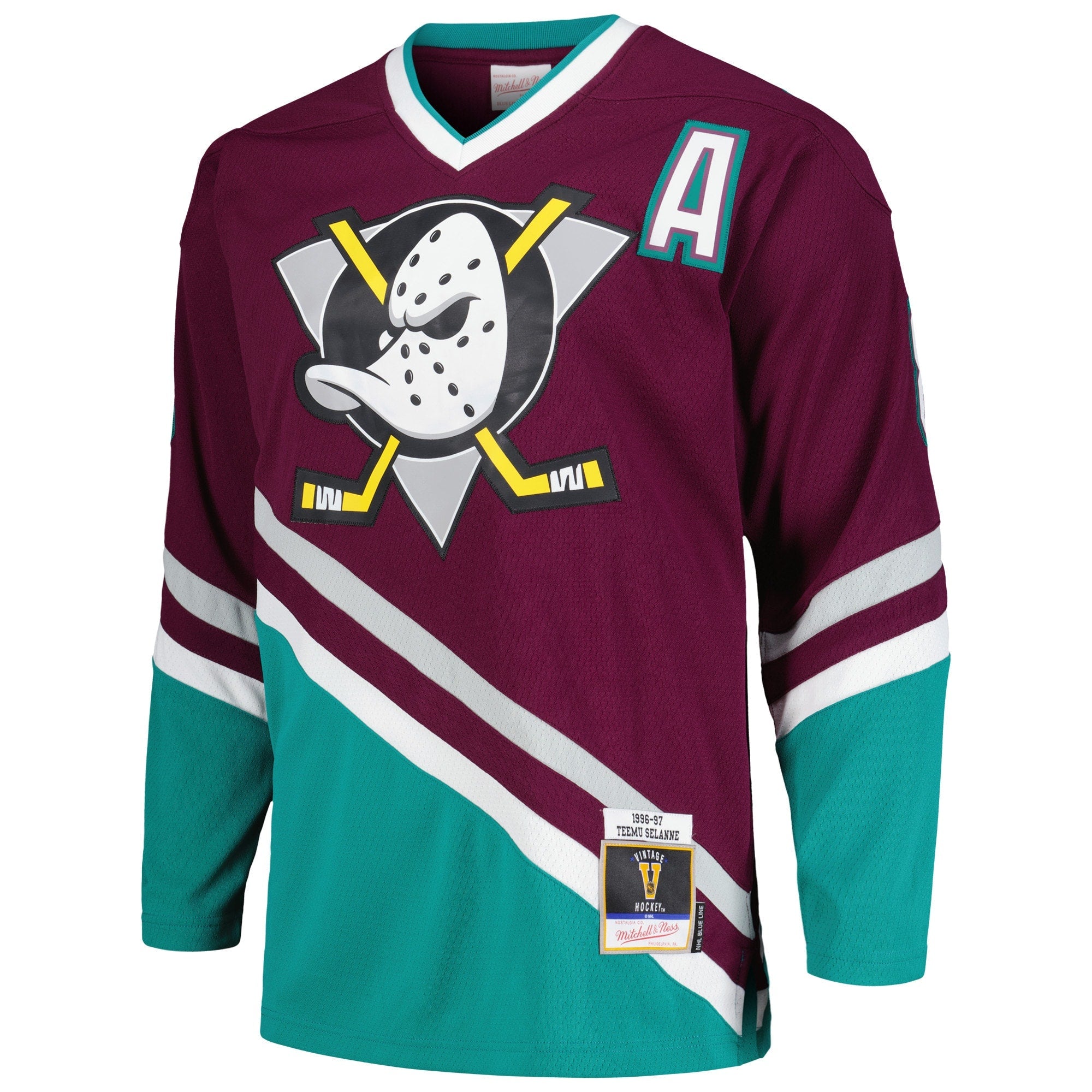 Teemu Selanne Anaheim Ducks Mitchell & Ness 1996/97 Alternate Captain Patch Blue Line Player Shirt - Purple