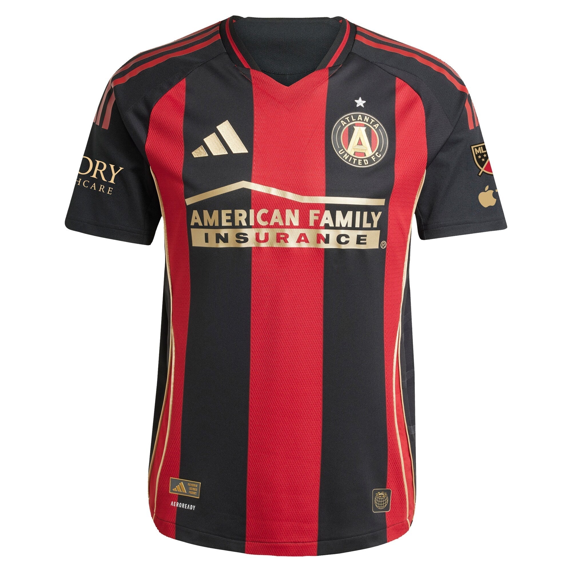 Adidas Atlanta United FC 2025 jersey with red and black vertical stripes and sponsor logos