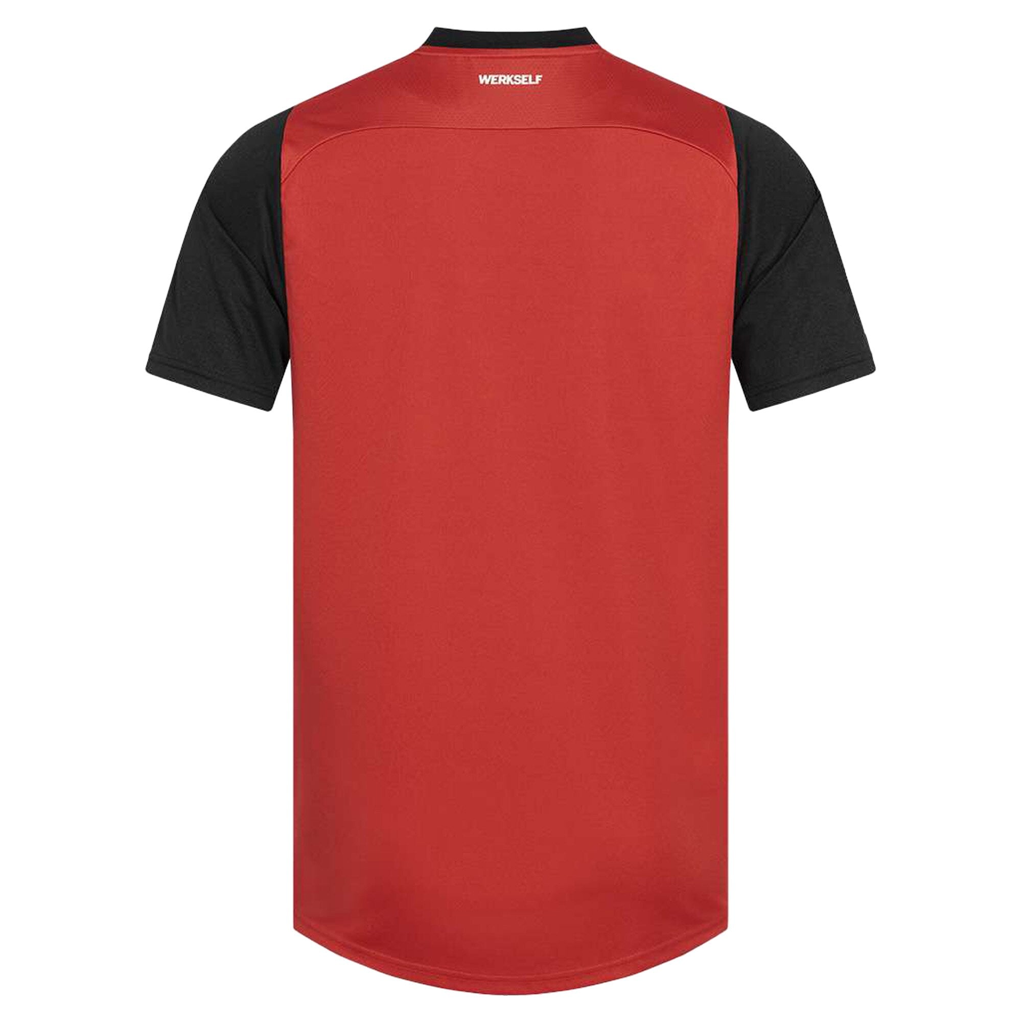 Back view of Bayer Leverkusen 2024 home jersey by Castore in red with black sleeves