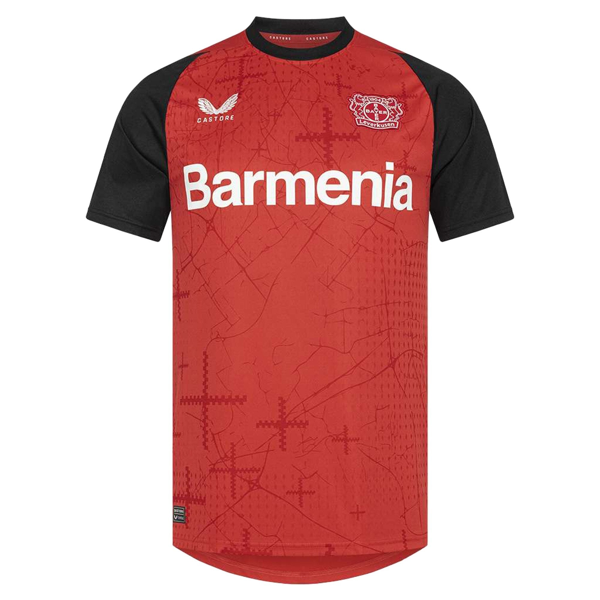 Castore Bayer Leverkusen 2024 home jersey with red body black sleeves and Barmenia sponsor logo
