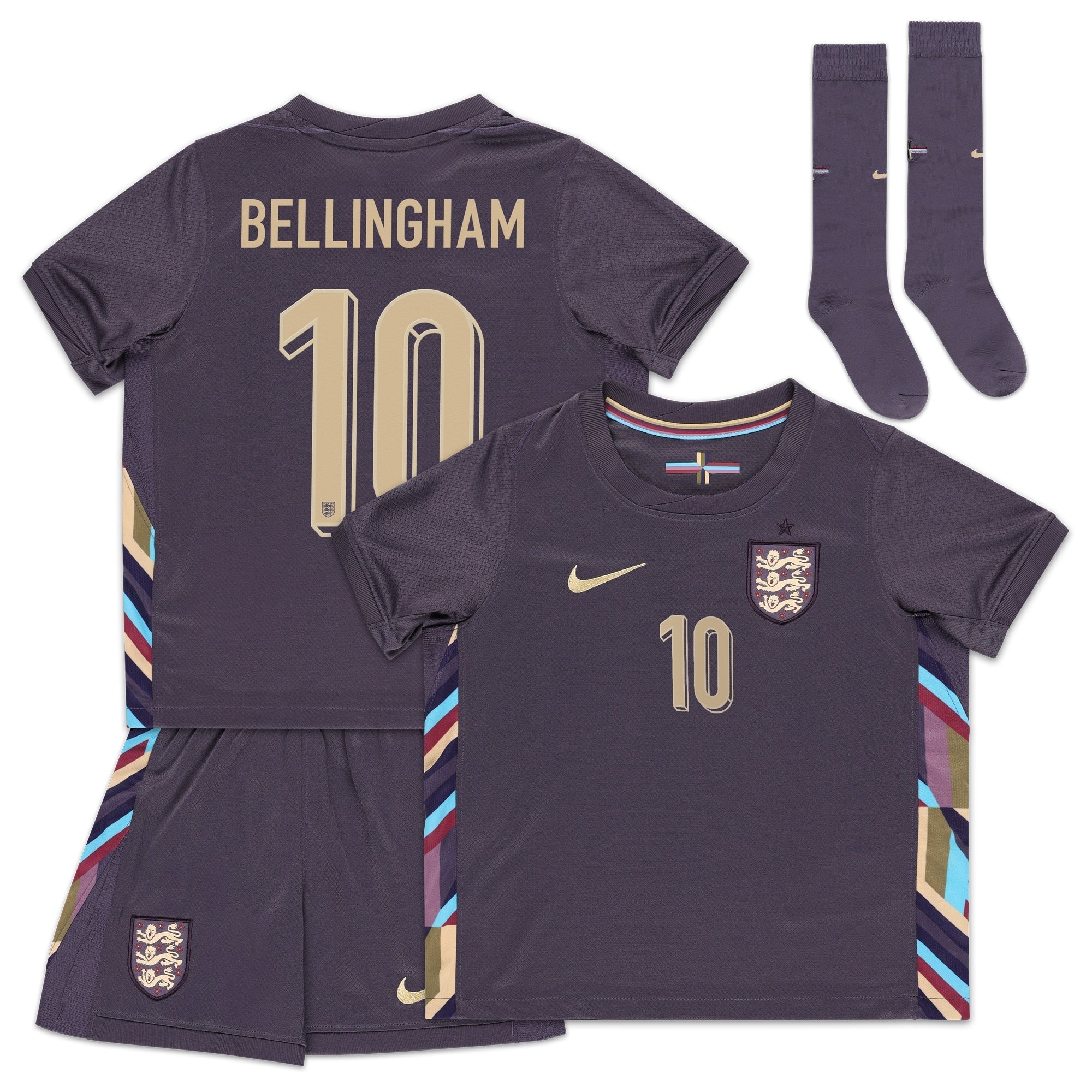 England Away Stadium Mini Kit 2024 - Little Kids with Bellingham 10 printing Soccer Shirt - Purple