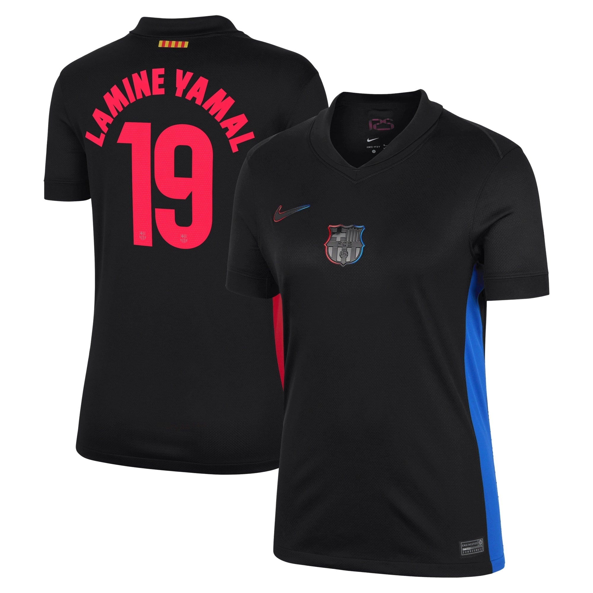 Nike Barcelona Away Jersey 2025 in black with Lamine Yamal 19 printed in red on the back