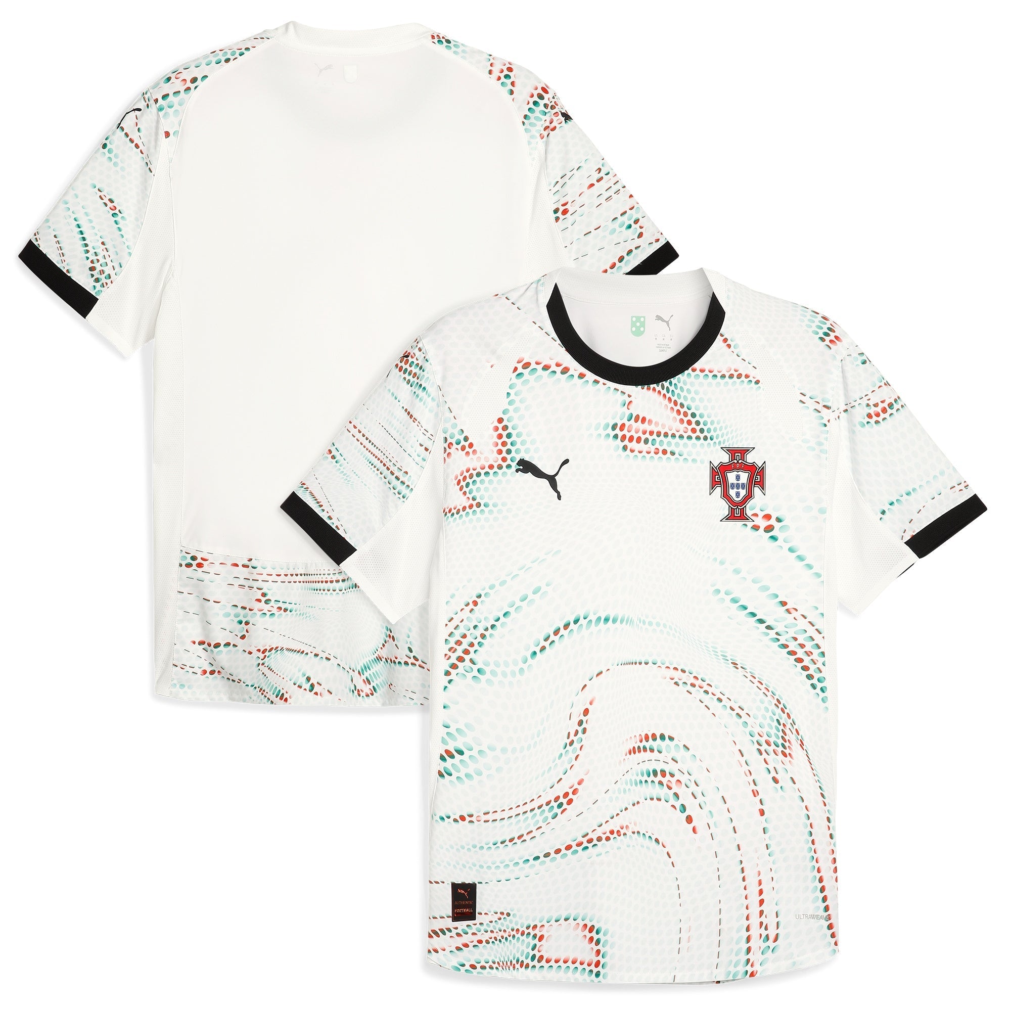 Puma Portugal 2025 Away Jersey with white base and abstract red and green wave patterns