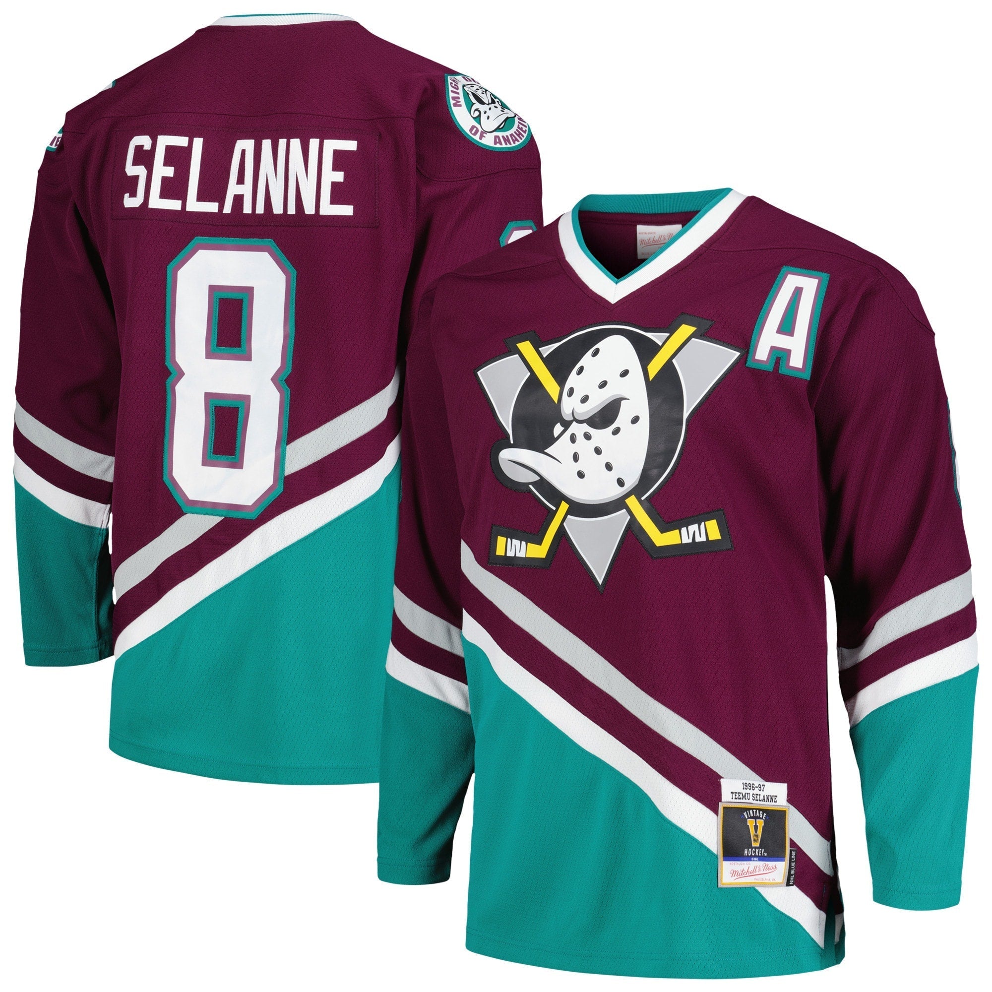 Teemu Selanne Anaheim Ducks Mitchell & Ness 1996/97 Alternate Captain Patch Blue Line Player Shirt - Purple