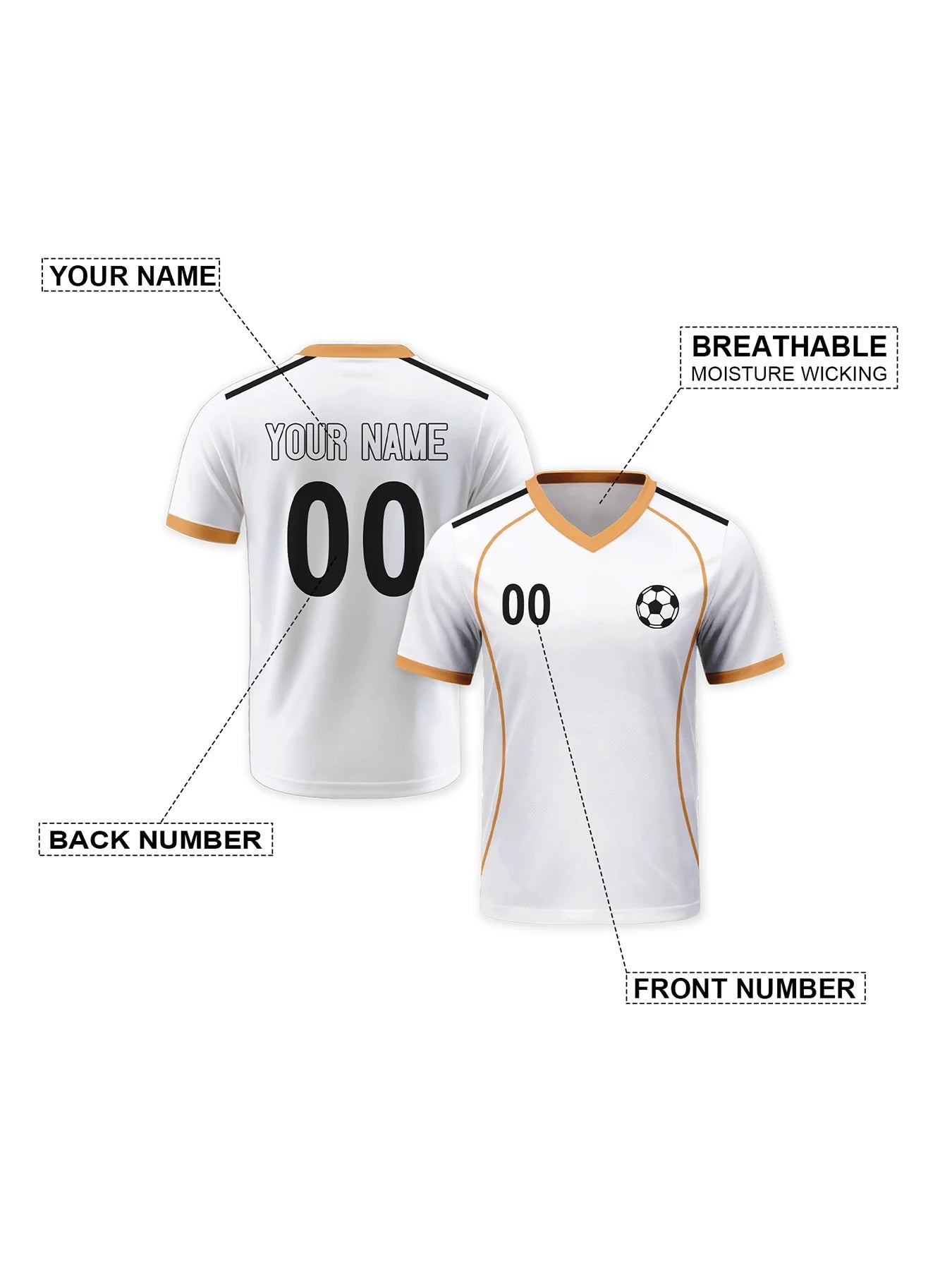 Custom Soccer Jersey - Personalized Men's Football Shirt with Name and Number - White & Gold