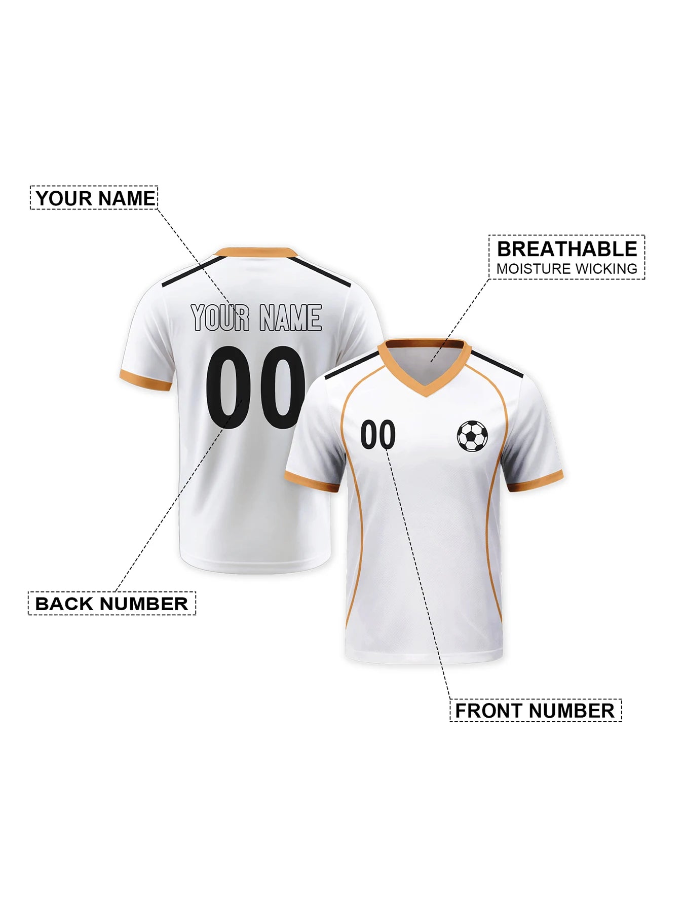 Custom Soccer Jersey - Personalized Men's Football Shirt with Name and Number - White & Gold