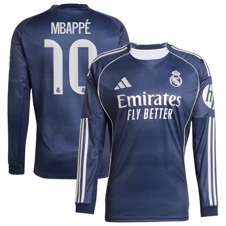Kylian Mbappé Real Madrid 2025/26 Away Long Sleeve Player Soccer Shirt - Blue