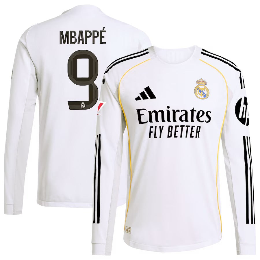 Kylian Mbappé Real Madrid 2025/26 Home Long Sleeve Soccer Shirt - White