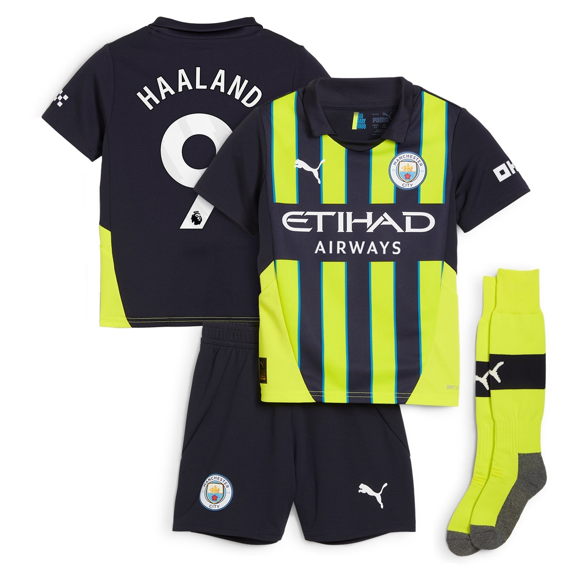 Manchester City Away Minikit 2024-25 with Haaland 9 printing Kids Soccer Shirt