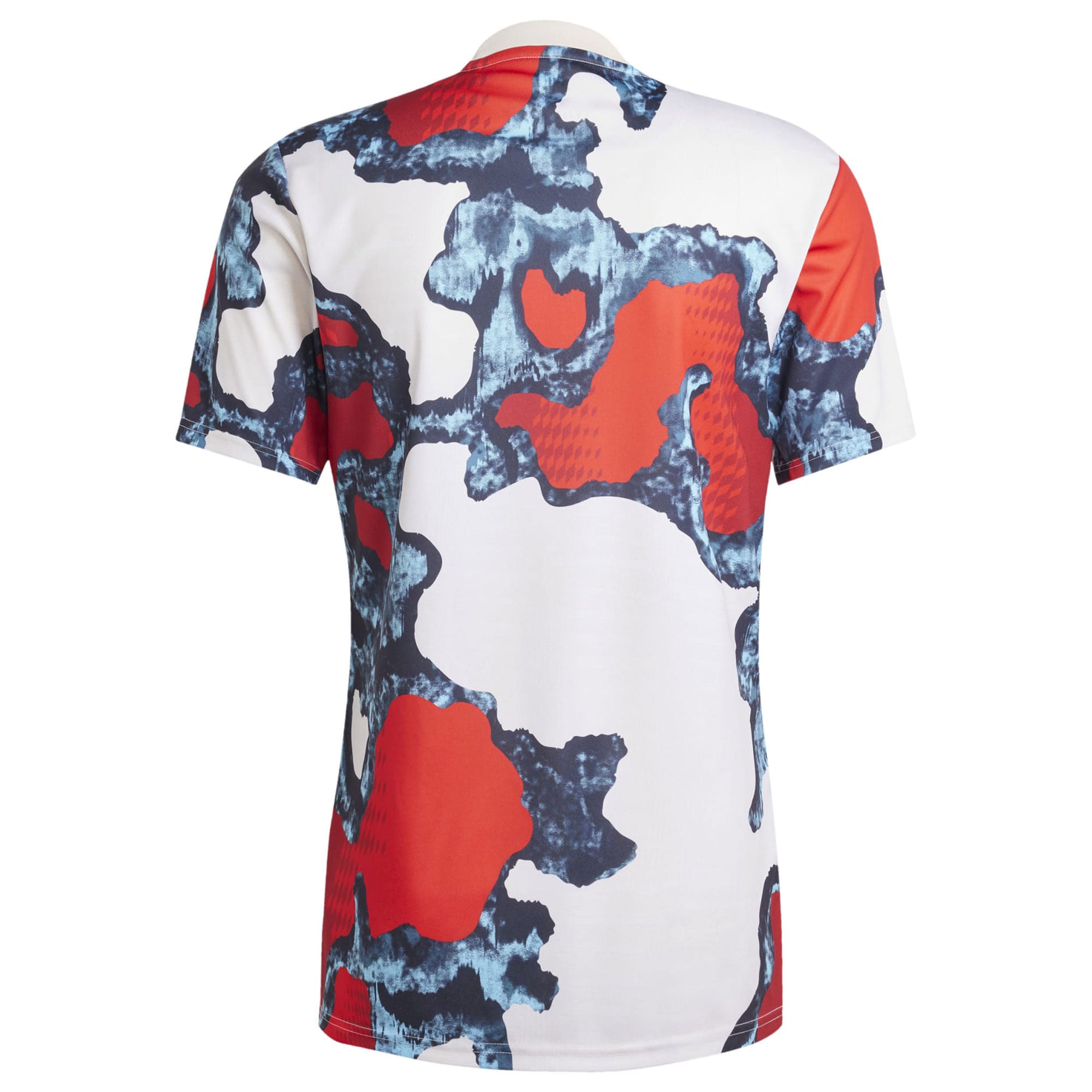 Back view of adidas Bayern Munich 2024 pre-match top with red and blue abstract pattern on white fabric