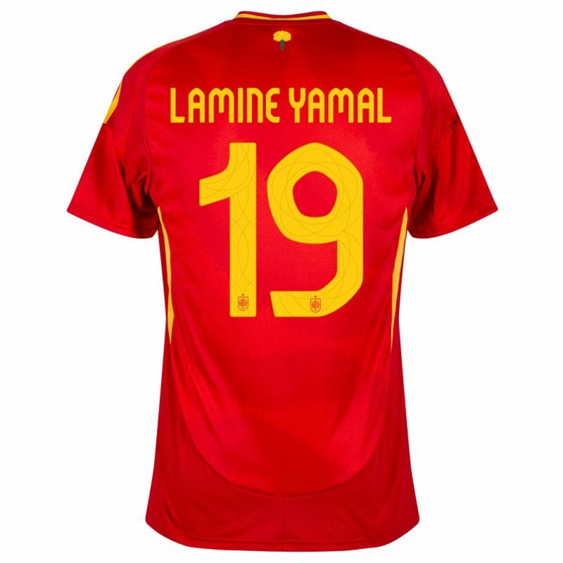 Back view of Lamine Yamal Spain Adidas Jersey 2024 in red with yellow number 19 and name print