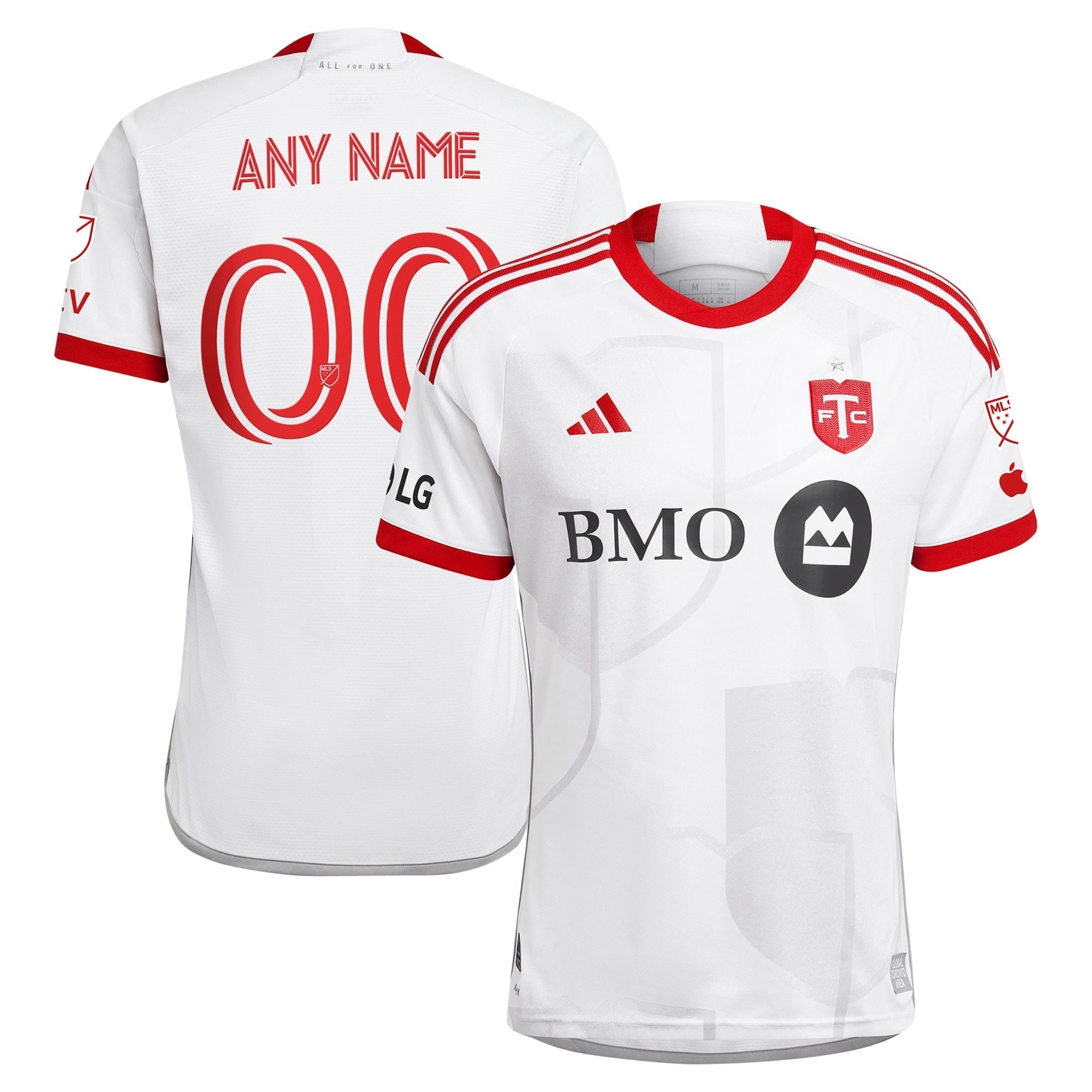 adidas Toronto FC 2025 kit white soccer jersey with red accents and customizable name and number