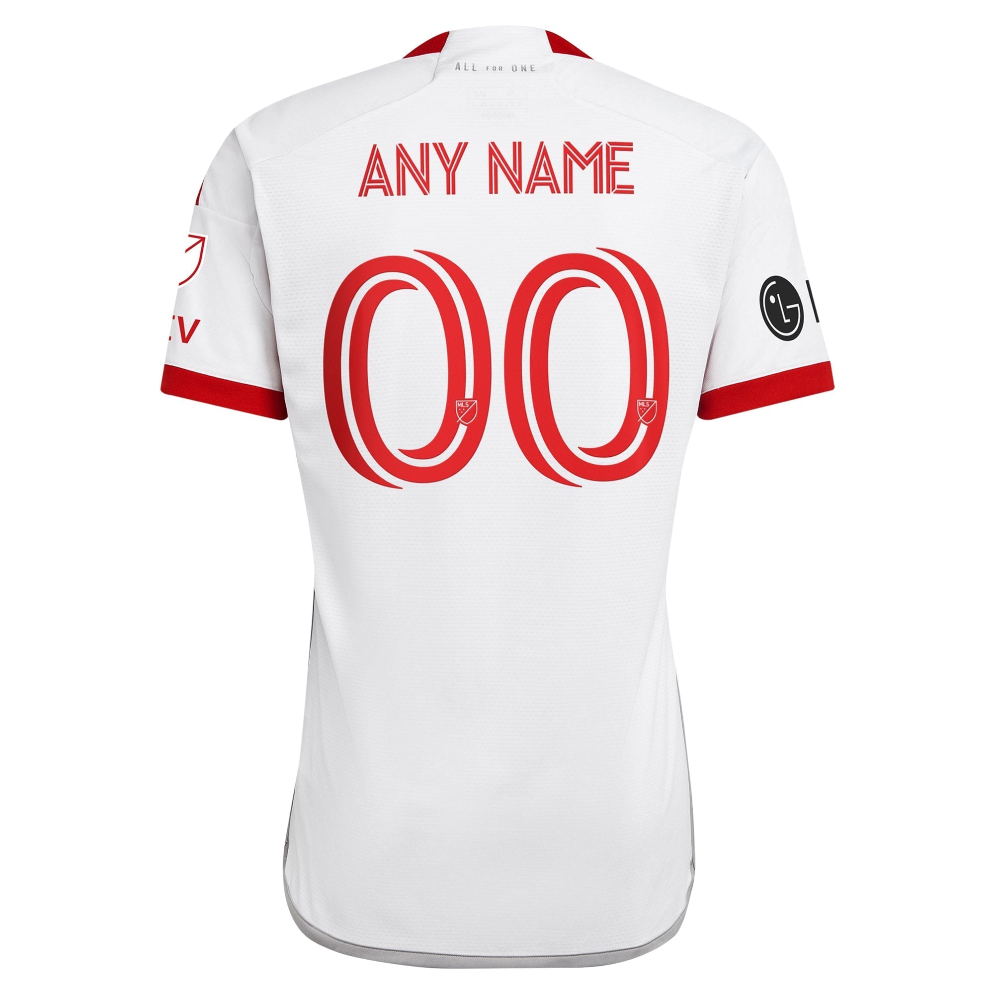 adidas Toronto FC 2025 kit white jersey with red accents and customizable name and number on back