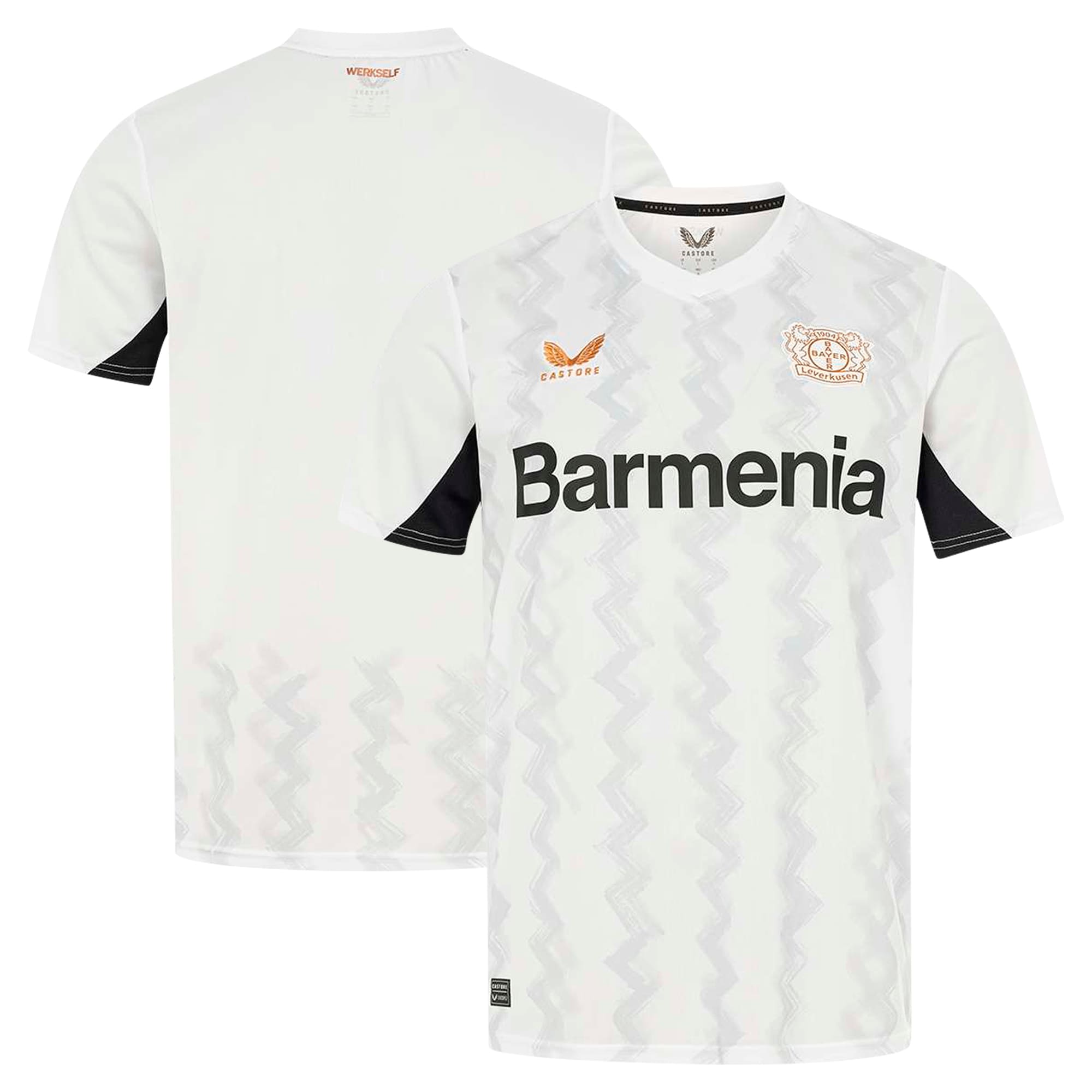 Castore Bayer Leverkusen 2024-25 away jersey in white with black accents and Barmenia sponsor logo