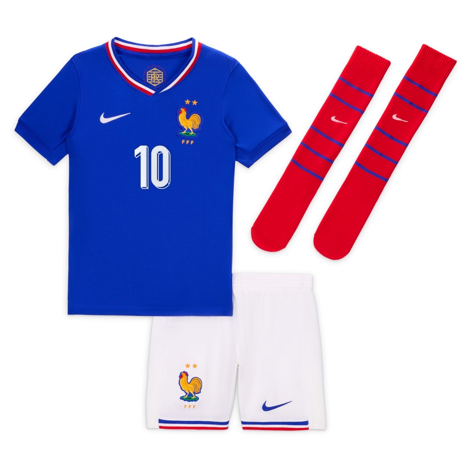 France Home Stadium Kit - 2024 - Little Kids with Mbappe 10 printing Soccer Shirt - Blue