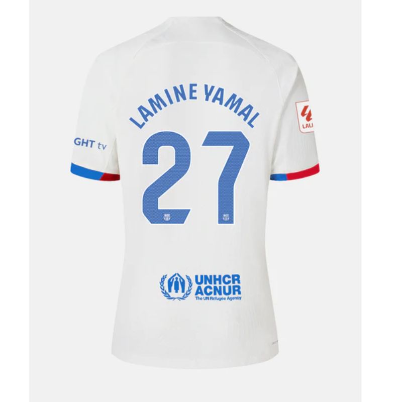 Back view of Lamine Yamal FC Barcelona away Nike jersey 23/24 in white with blue number 27 and sponsor logos