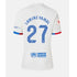 Back view of Lamine Yamal FC Barcelona away Nike jersey 23/24 in white with blue number 27 and sponsor logos