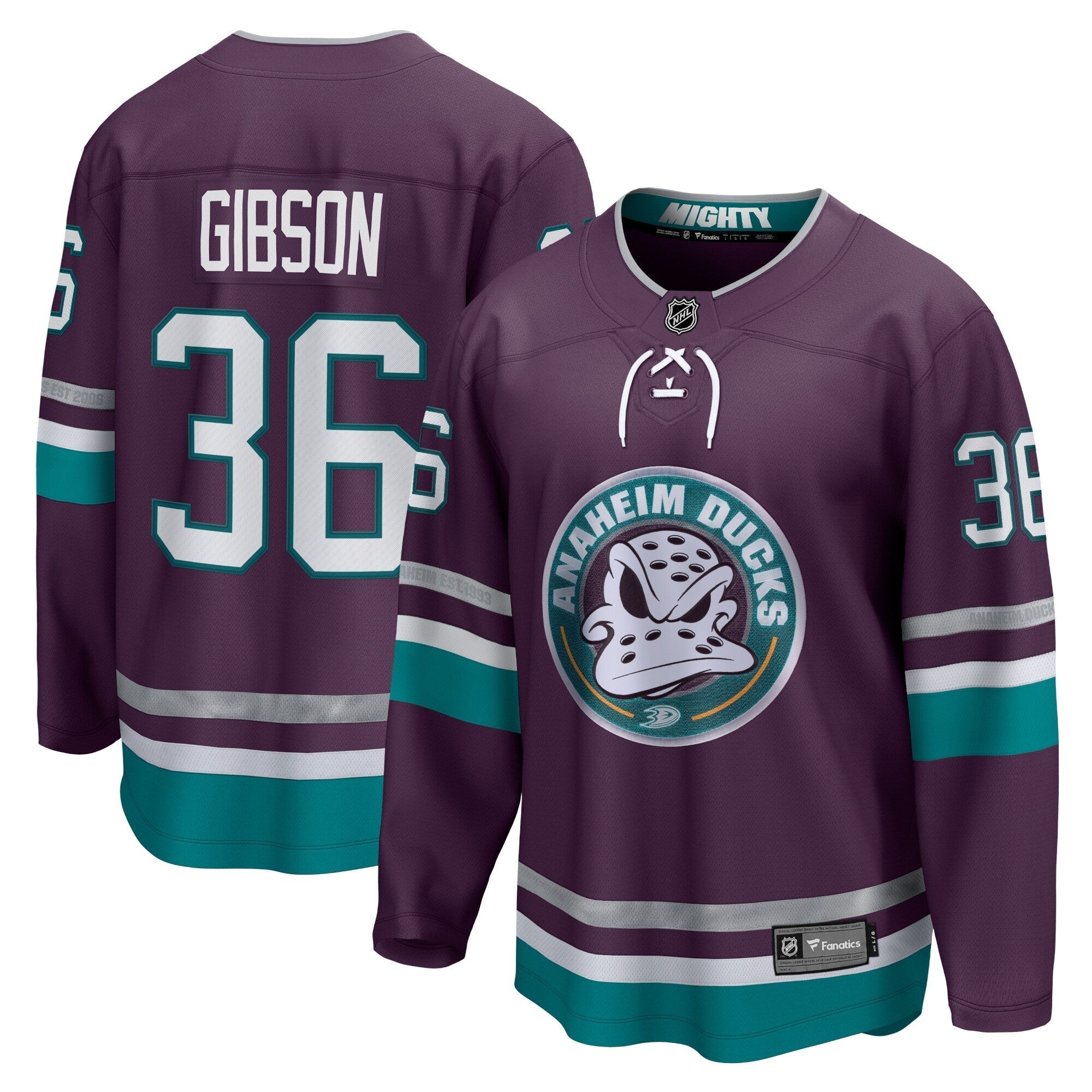 John Gibson Anaheim Ducks Fanatics Branded 30th Anniversary Premier Breakaway Shirt - Purple