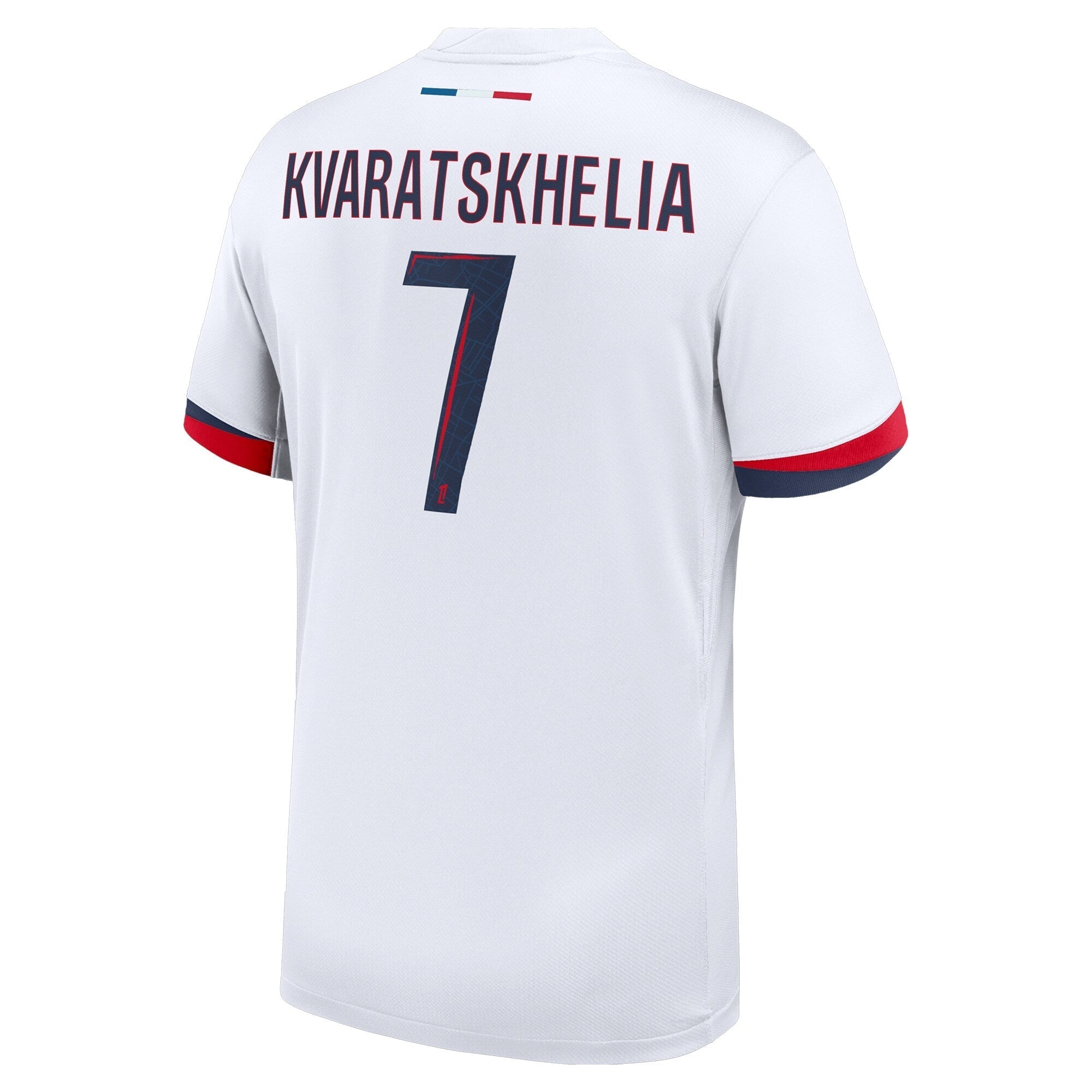Nike Khvicha Kvaratskhelia PSG 2024 jersey in white with number 7 and red blue trim