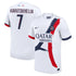 Nike Khvicha Kvaratskhelia PSG 2024 jersey white with red and blue brushstroke design and Qatar Airways logo