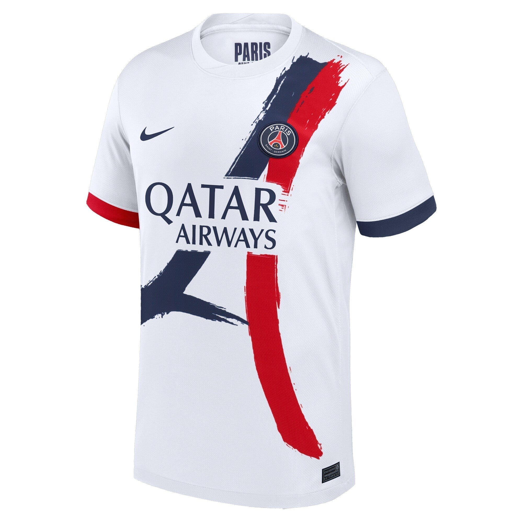 Nike Khvicha Kvaratskhelia PSG 2024 jersey white with red and navy brushstroke design and Qatar Airways logo