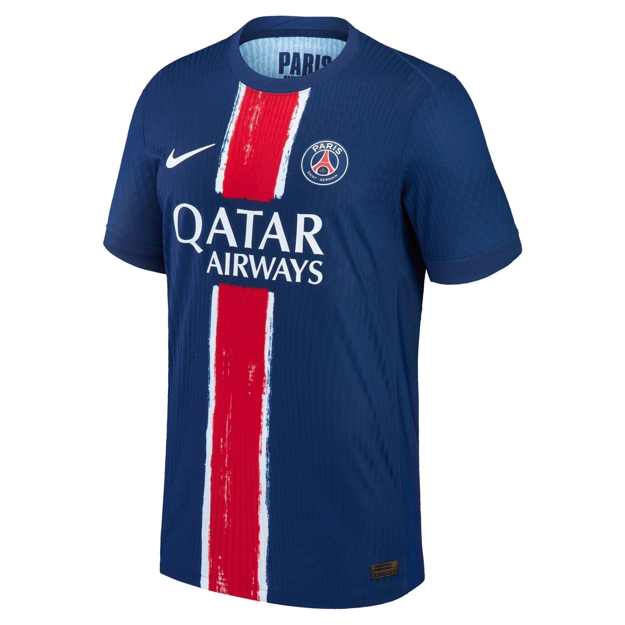 Nike Khvicha Kvaratskhelia PSG jersey 2024 in blue with red and white vertical stripe and Qatar Airways logo