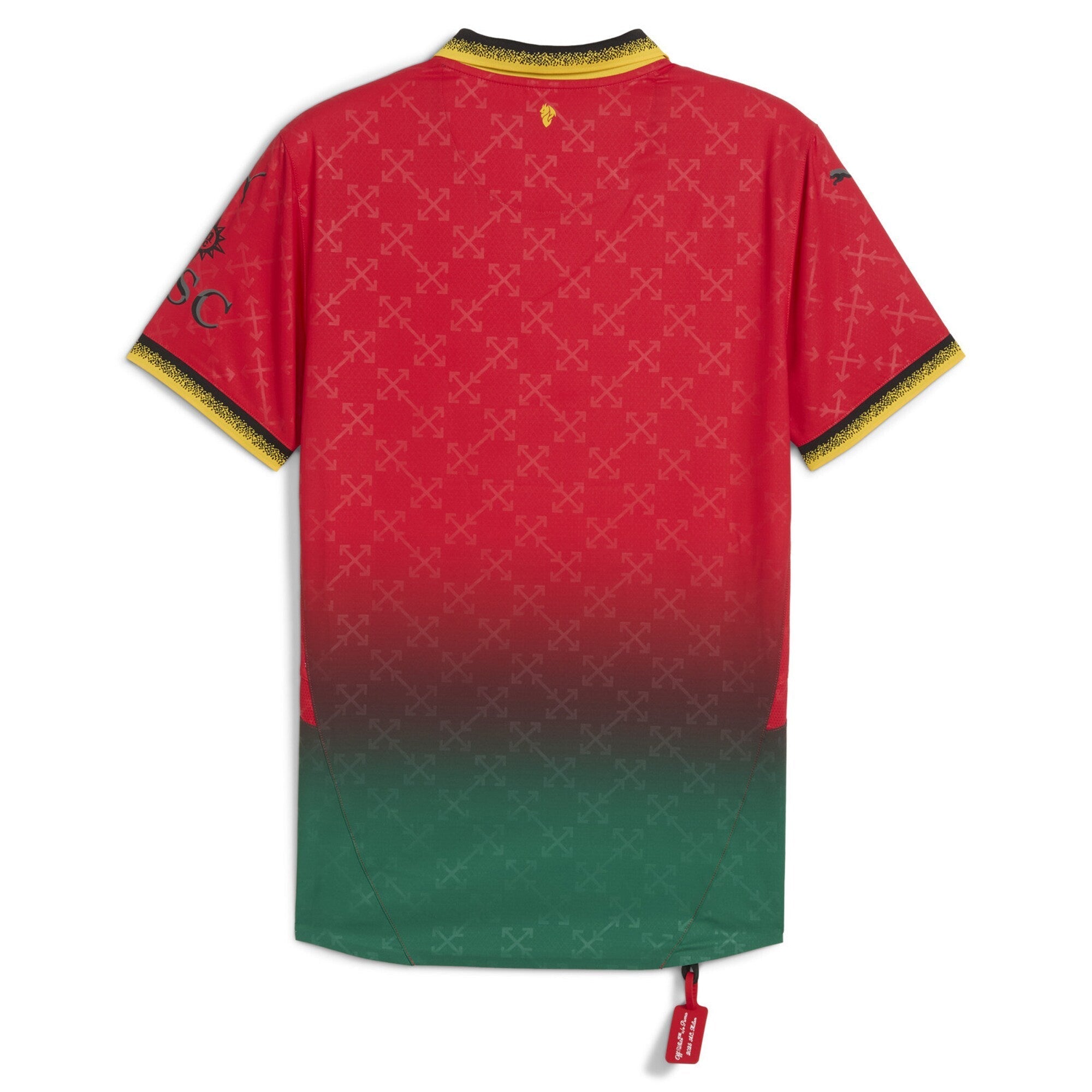 Back view of Puma AC Milan Off-White Jersey 2024 with red and green gradient and yellow-trimmed collar and sleeves