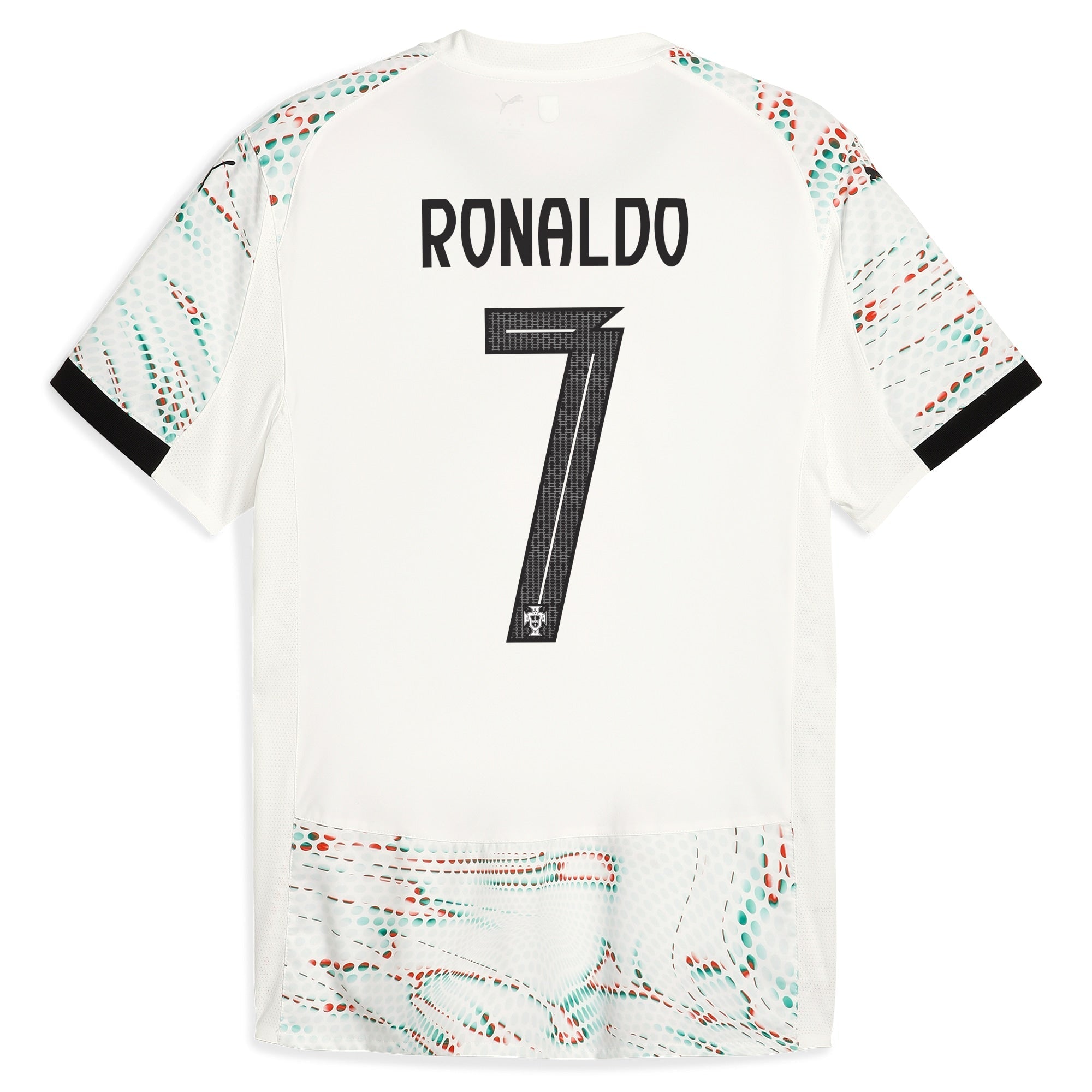 Back view of Cristiano Ronaldo Portugal away jersey 2025 by Puma with number 7 and colorful sleeve details
