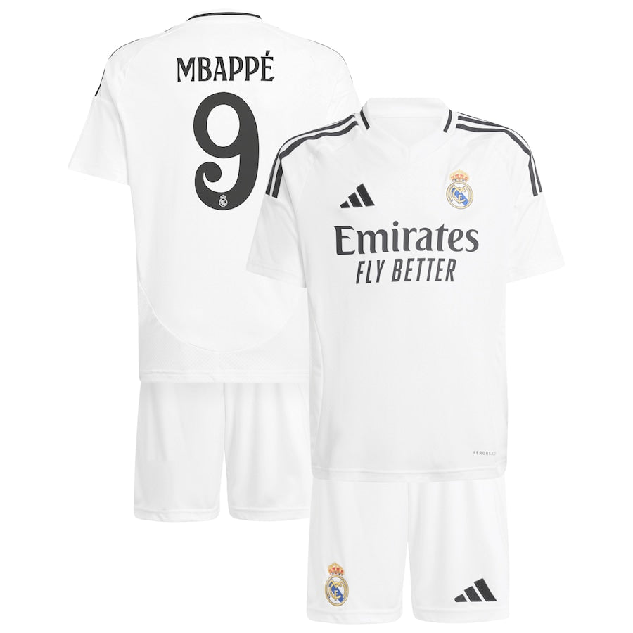 Real Madrid Home Kids 2024-25 with Mbappé 9 printing Soccer Shirt - White