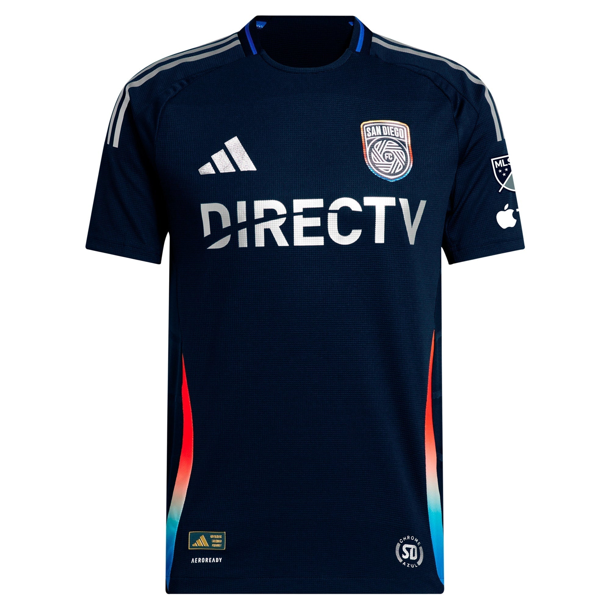 San Diego FC adidas 2025 jersey in navy blue with white and red accents and team and sponsor logos